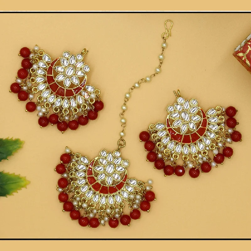 Bohemian Earrings for Festivals-Mahavir Gold Plated Kundan & Meenakari Earrings With Maangtikka