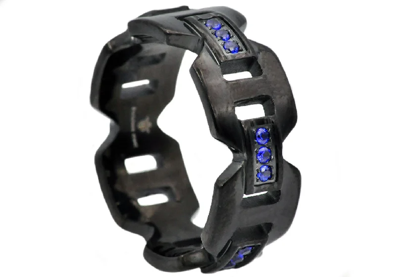 Vintage Platinum Wedding Rings-Mens 9mm Black Stainless Steel Blue Cubic Zirconia Anchor Link Ring