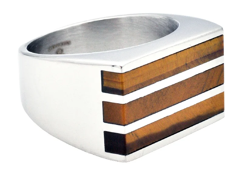 Minimalist Silver Rings-Mens Genuine Tiger Eye Stainless Steel Ring