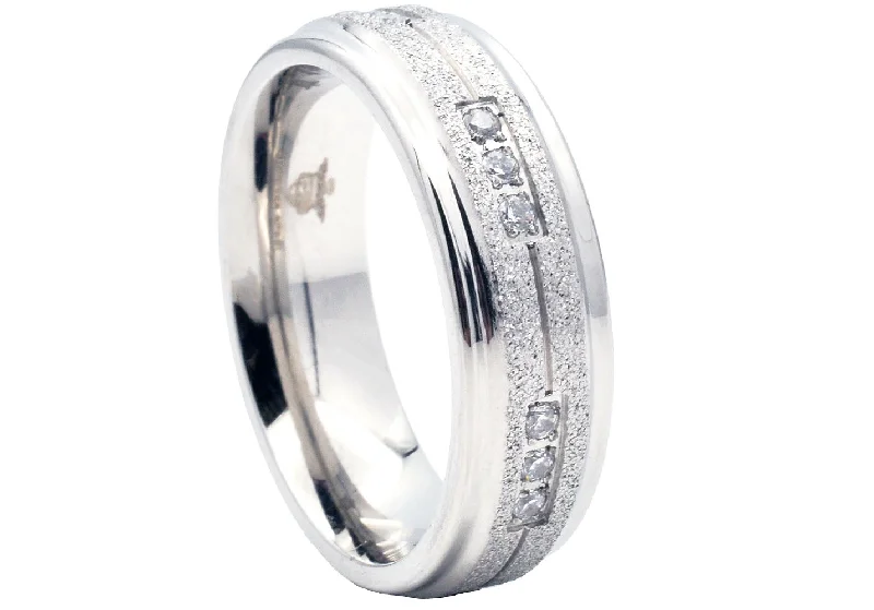 Bohemian Style Rings-Mens Sandblasted Stainless Steel Band With Cubic Zirconia