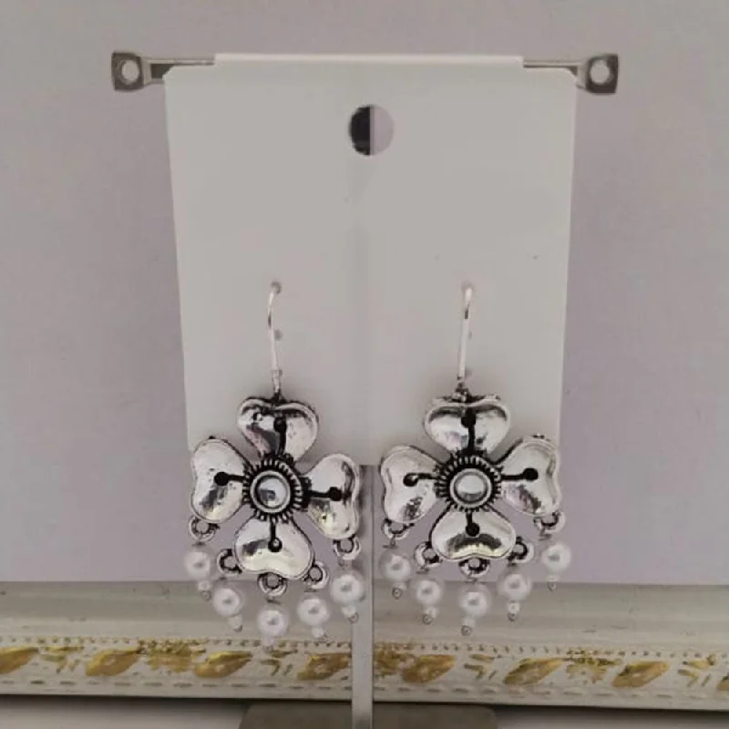 Sterling Silver Earrings-Tahura Oxidised Plated Kundan Stone And Pearls Dangler Earrings