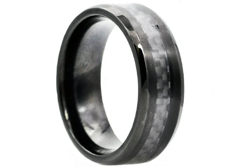 Simple Gold Rings for Women-Mens Black Carbon Fiber And Black Stainless Steel 8mm Band Ring