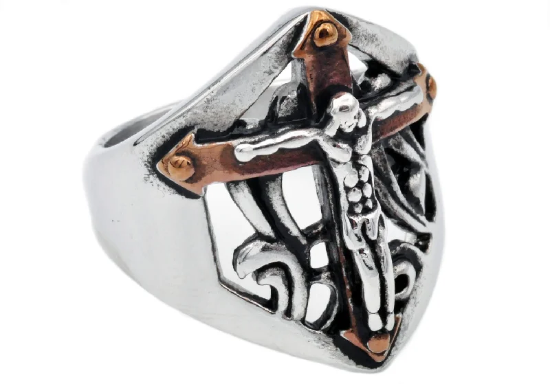 Stylish Gemstone Rings-Mens Chocolate Stainless Steel Cross Ring