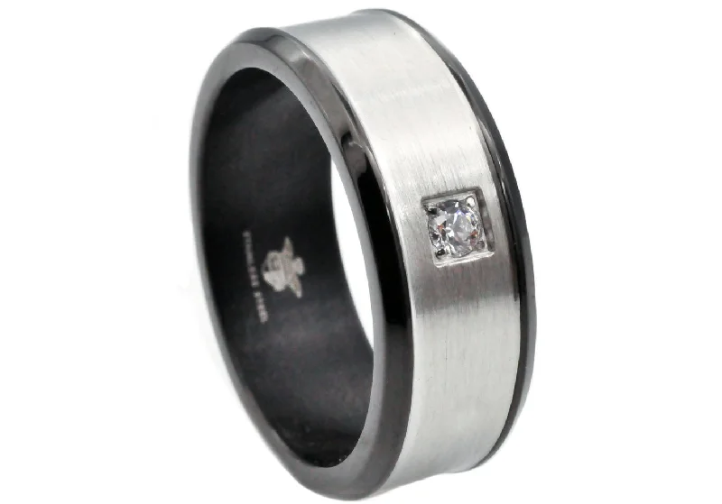 Engraved Wedding Rings-Mens Brushed Stainless Steel Band Ring With Cubic Zirconia And Black Plated Edge