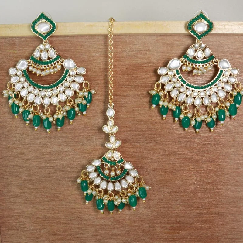 Antique Gold Earrings-Etnico Gold Plated Traditional Kundan & Pearl Chandbali Earrings with Maang Tikka Set for Women/Girls (TE3024G)