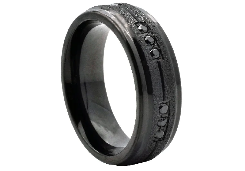 Promise Rings for Couples-Mens Sandblasted Black Stainless Steel Band With Black Cubic Zirconia