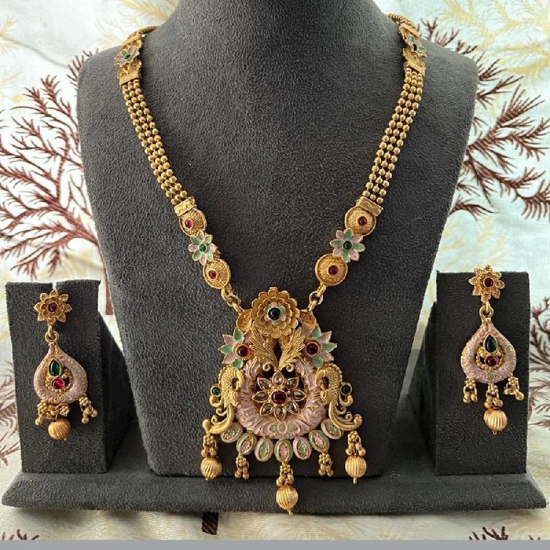 Elegant Long Necklaces-India Art Gold Plated Pota Stone And Beads Necklace Set