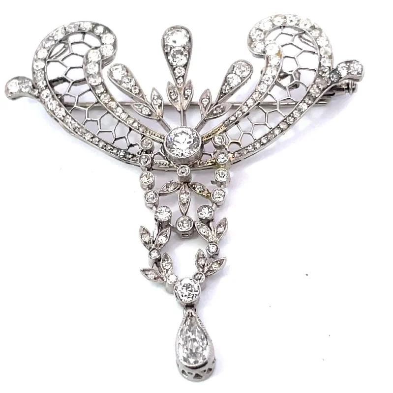 Handmade Silver Brooch for Brides-Edwardian Diamond Festoon Brooch with Old European Cut Diamonds