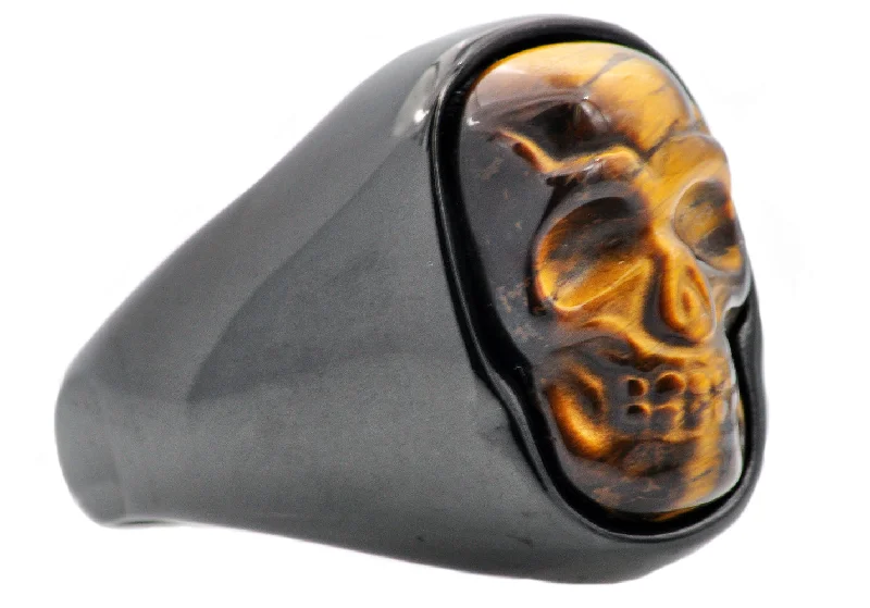 Bold Statement Rings-Mens Genuine Tiger Eye Black Plated Stainless Steel Skull Ring