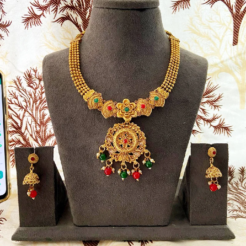 Elegant Turquoise Necklaces-India Art Gold Plated Pota Stone And Beads Necklace Set