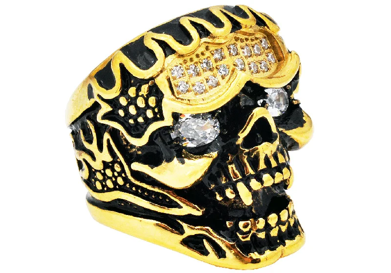 Luxury Diamond Rings-Mens Gold Plated Stainless Steel Skull Ring With Cubic Zirconia