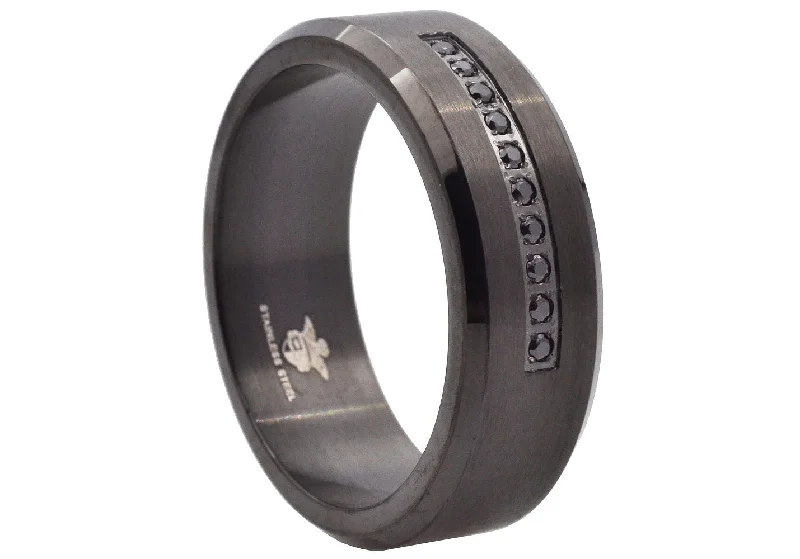 Affordable Engagement Rings-Mens Black Stainless Steel Ring With Black Cubic Zirconia