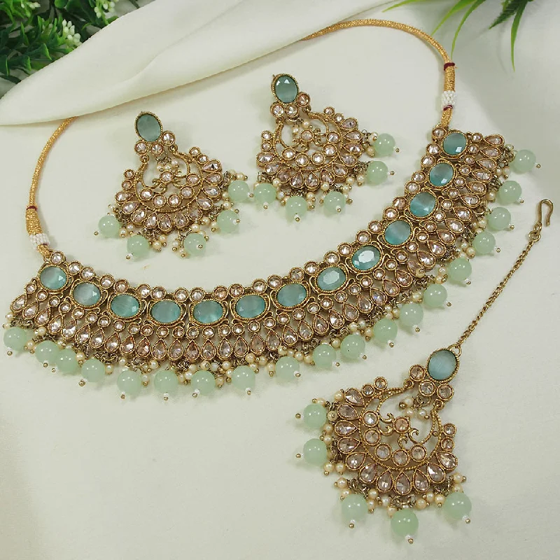 Wedding Necklaces for Brides-LALSO Stunning Mehendi Gold plated AD/Zircon Work Necklace Jewelry Set With Maangtika