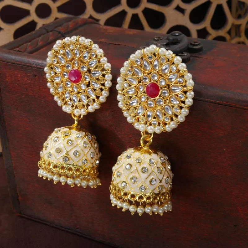 Diamond Stud Earrings-Etnico Gold Plated Meenakari Kundan & Pearl Drop Jhumka Earrings For Women (E2925Cr)