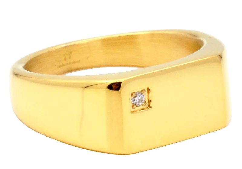 Birthstone Rings for Women-Mens Gold Plated Stainless Steel Signet Ring With Cubic Zirconia