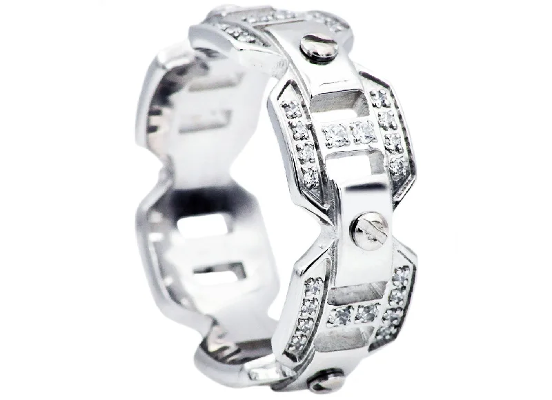 Customized Engagement Rings-Mens Stainless Steel Band With Cubic Zirconia