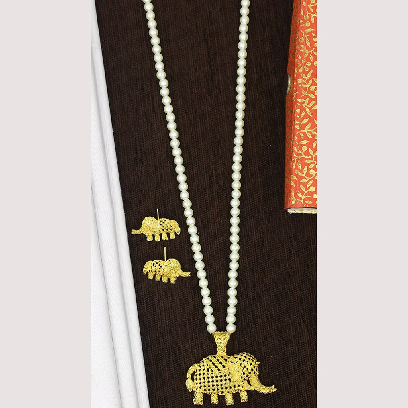 Classic Gold Necklaces-Mahavir Gold Plated Pearl Necklace Set