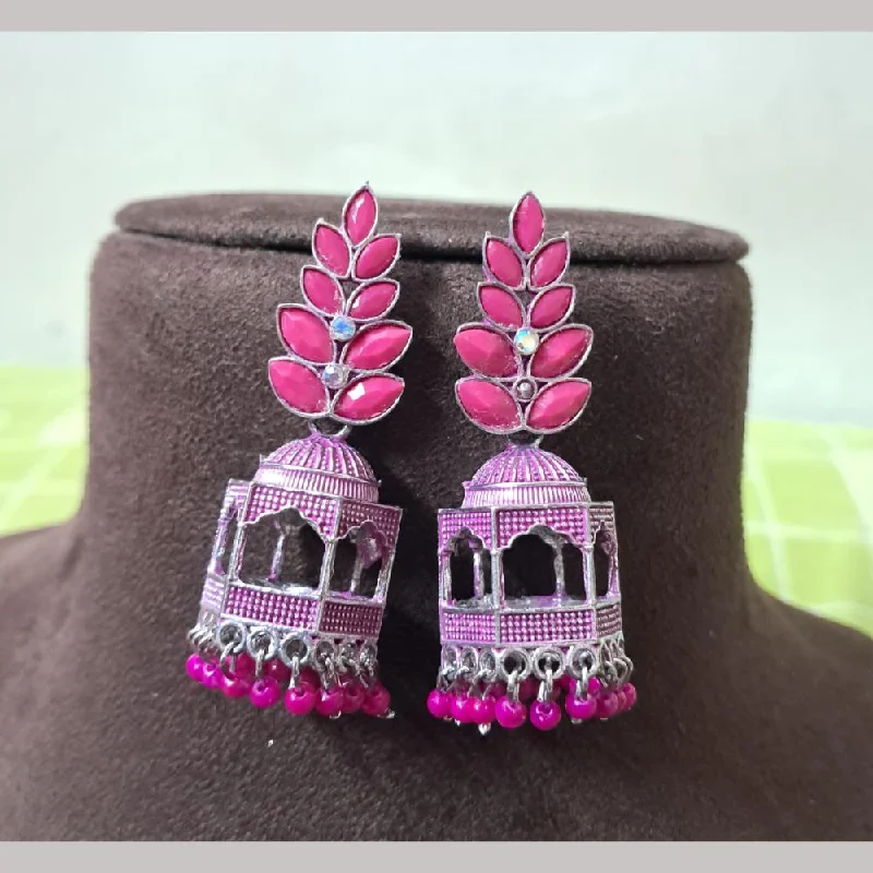 Classic Silver Earrings-H K Fashion Oxidised Plated Crystal Stone And Pearls Jhumki