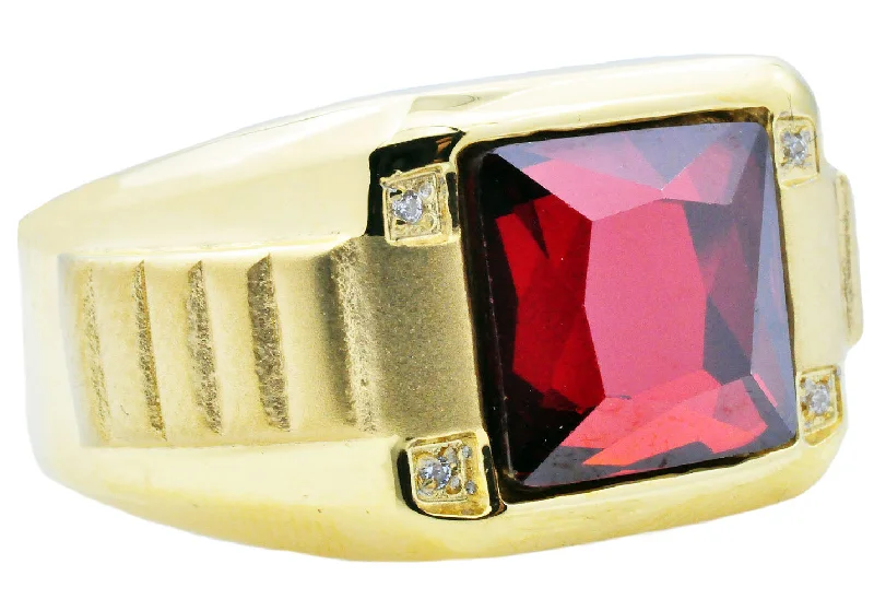 Rose Gold Solitaire Rings-Mens Genuine Red Spinel And Gold Stainless Steel Ring With Cubic Zirconia