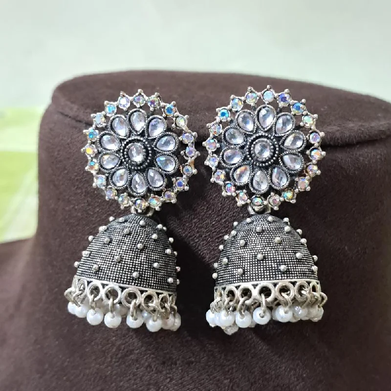 Handcrafted Hoop Earrings-H K Fashion Oxidised Plated Austrian Stone And Beads Jhumki Earrings