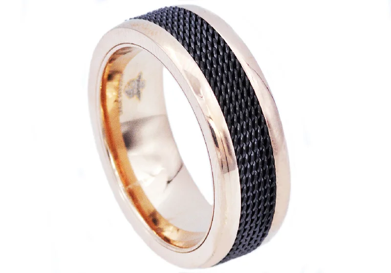 Bohemian Style Rings-Mens 8mm Rose Stainless Steel Black Cable Inlay Ring