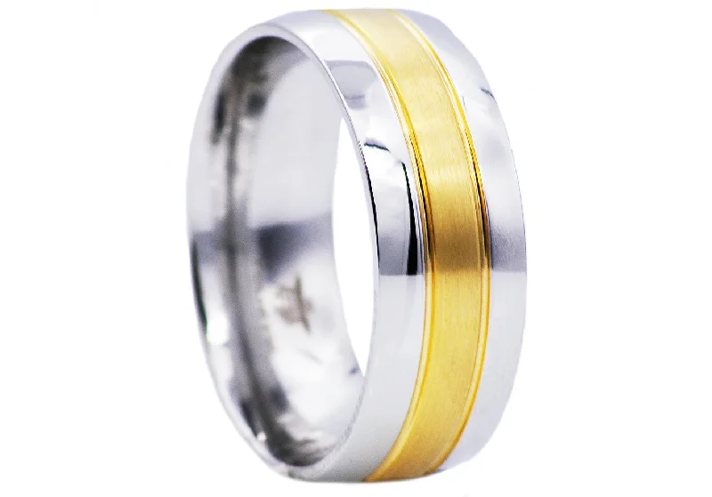 Unique Gemstone Rings-Mens Two Tone Gold Stainless Steel Band