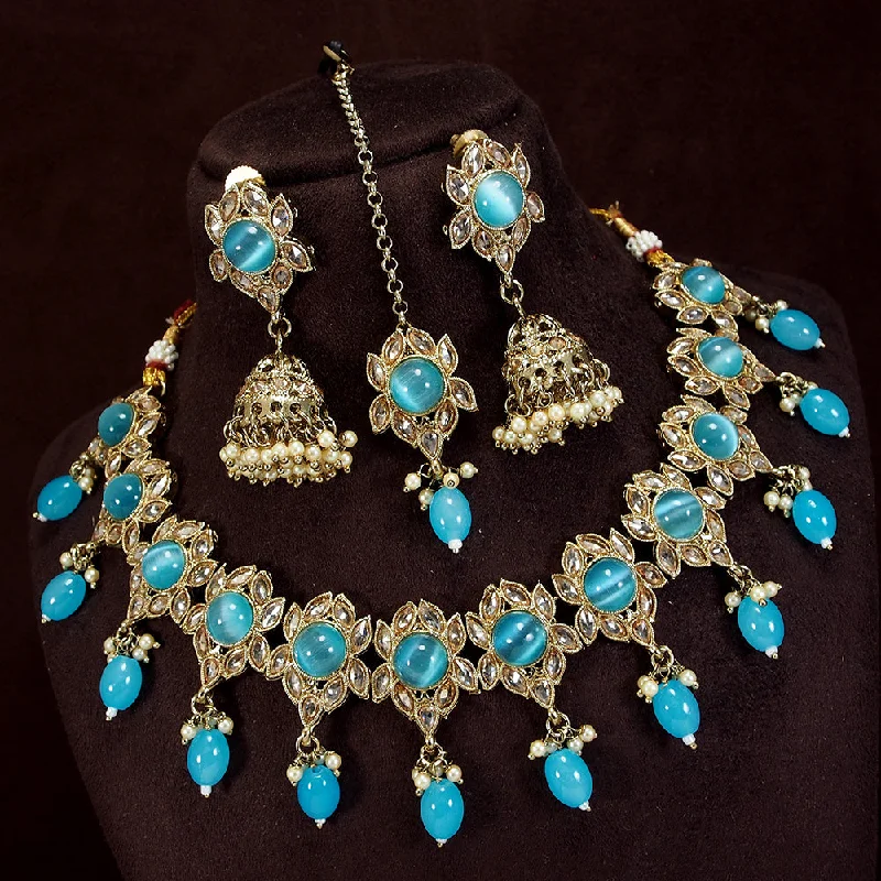 Minimalist Necklace Designs-LALSO Designer Gold plated Zircon Work Necklace Jewelry Set With Maangtika