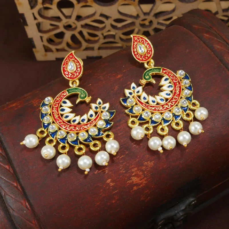 Antique Silver Earrings-Etnico Gold Plated Meenakari Kundan Studded Peacock Design Dangle Earrings For Women (E2919Bl)