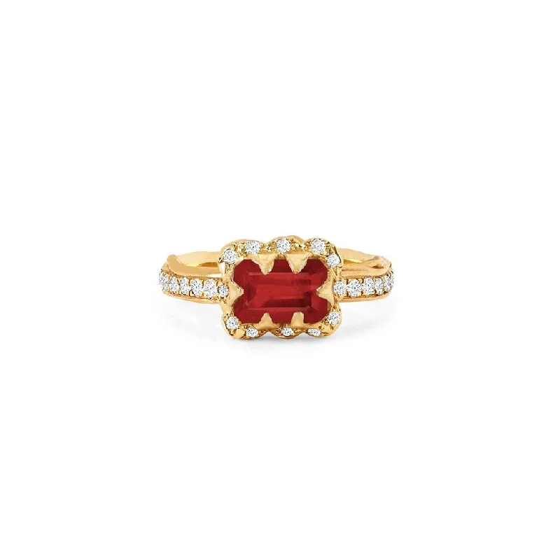 Yellow Diamond Rings-Micro Queen Emerald Cut Ruby Rose Thorn Ring with Sprinkled Diamonds