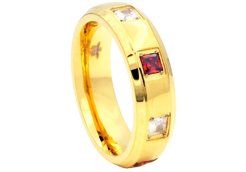 Affordable Engagement Rings-Mens Gold Stainless Steel Ring With Red and White Square Cubic Zirconia