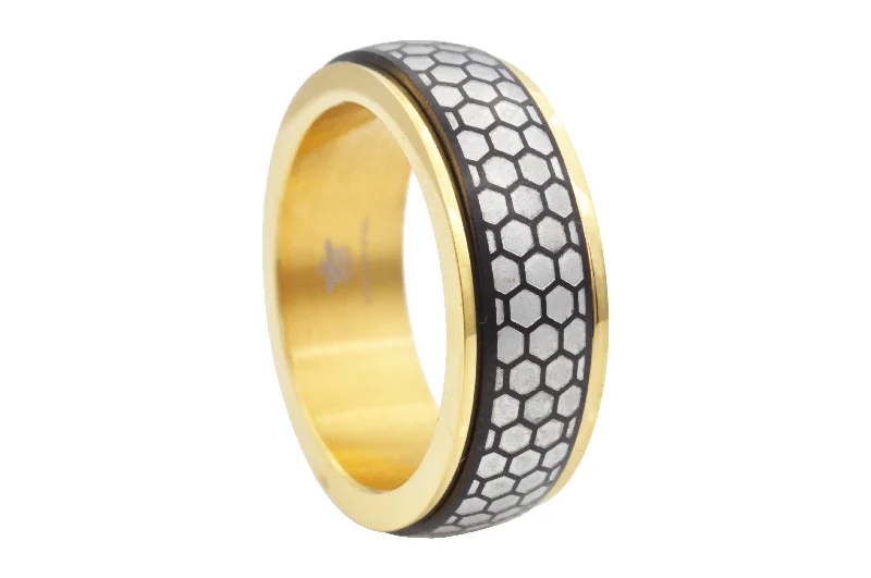 Silver Stackable Rings-Mens Black And Gold Honey Comb Textured Stainless Steel Spinner Band