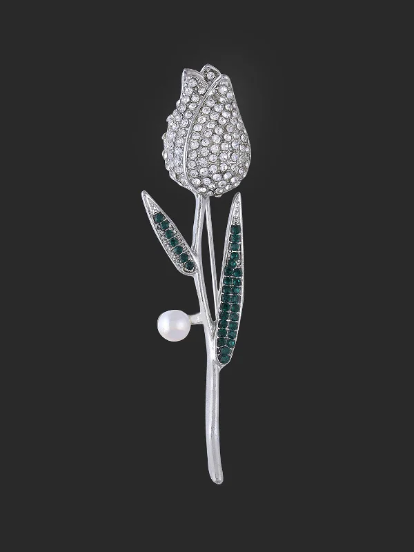 Vintage Brooch with Unique Design-Long Stem Rose Flower Diamond Brooch