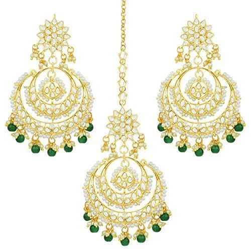 Multi-Layered Earrings-Etnico Traditional Gold Plated Wedding Chandbali Kundan & Pearl Earring Set With Maang Tikka for Women (TE7077G)