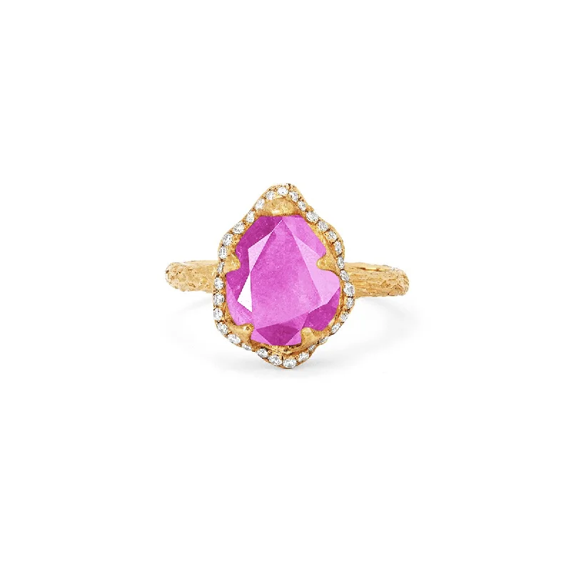 Sapphire Diamond Rings-Baby Queen Water Drop Pink Sapphire Ring with Full Pavé Halo