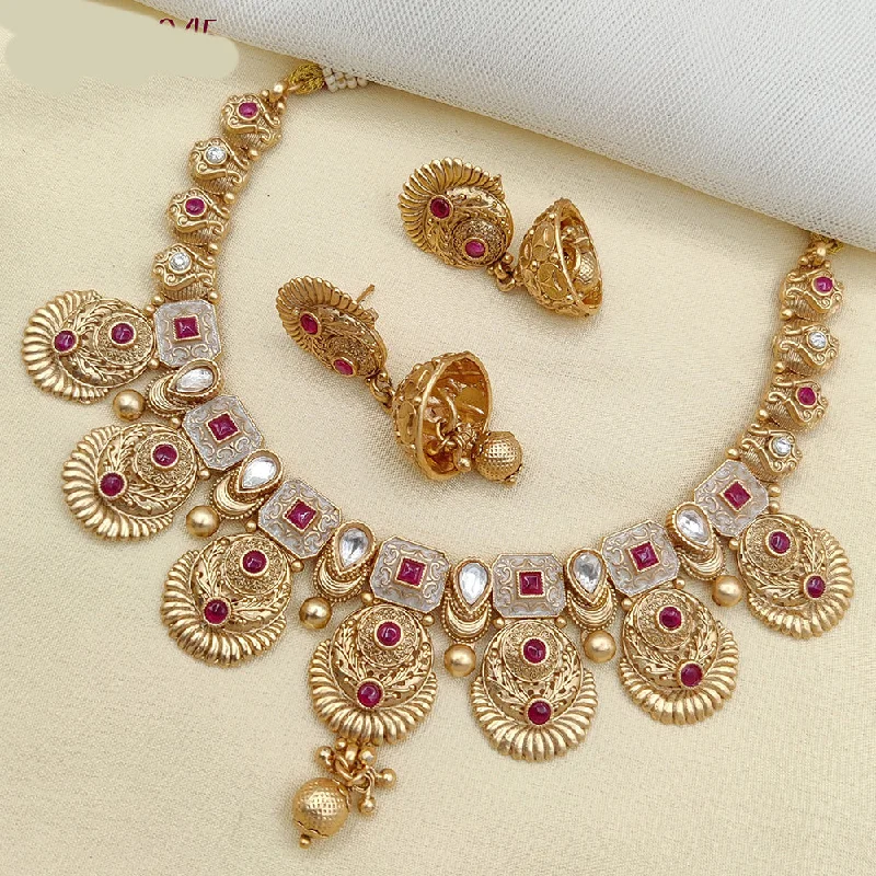 Heart Shaped Pendant Necklaces-Jewel Addiction Gold Plated Pota Stone And Meenakari Necklace Set