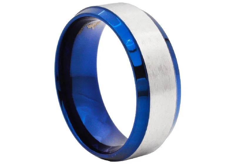 Personalized Name Rings-Mens Blue Plated Brushed Stainless Steel 8mm Band