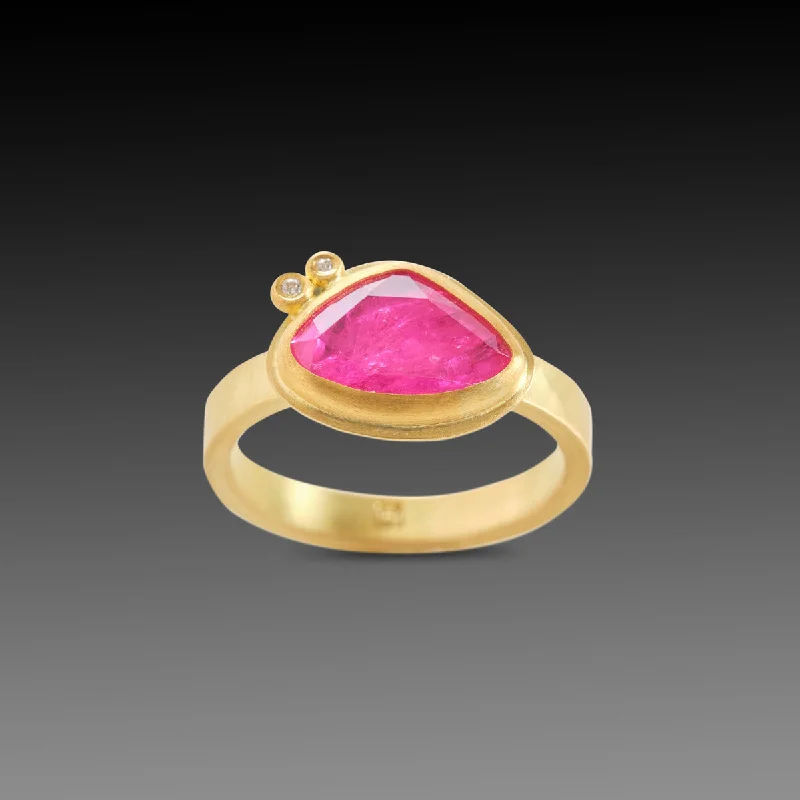 Custom Gold Signet Rings-Organic Ruby Ring with Diamonds