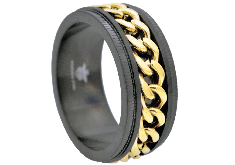 Sterling Silver Engagement Rings-Mens 10mm Black And Gold Stainless Steel Chain Ring