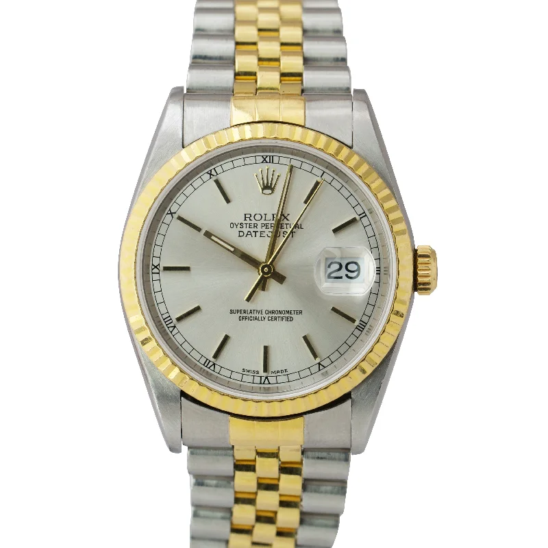 Designer Watches with Stainless Steel Straps-UNPOLISHED NO HOLES Rolex DateJust 36mm Silver Two-Tone Jubilee Watch 16233