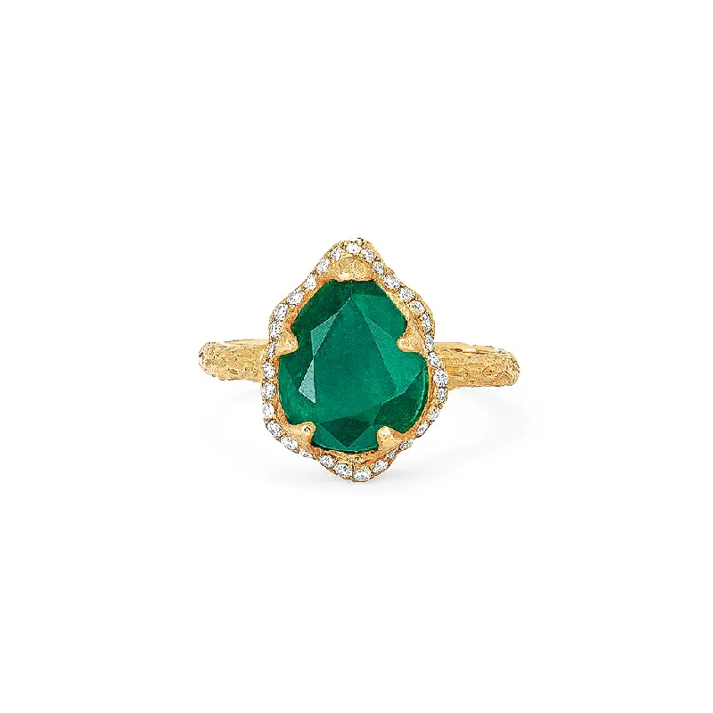 Unique Promise Rings-Baby Queen Water Drop Zambian Emerald Ring with Full Pavé Diamond Halo