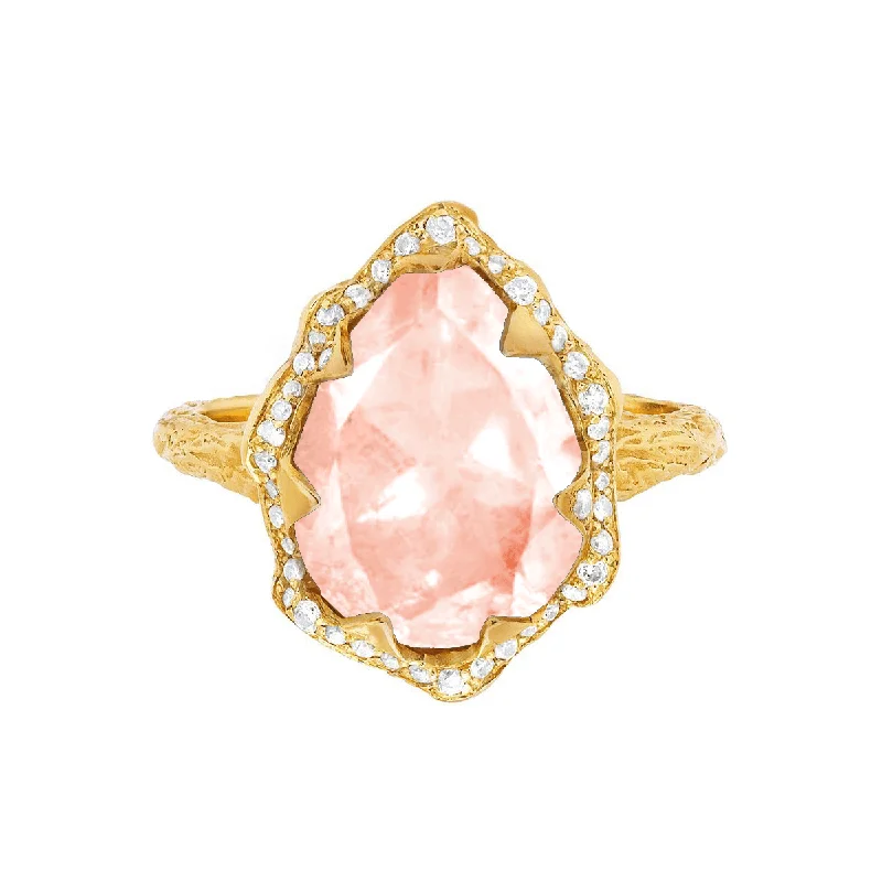 Silver Band Rings-Queen Water Drop Morganite Ring with Full Pavé Halo