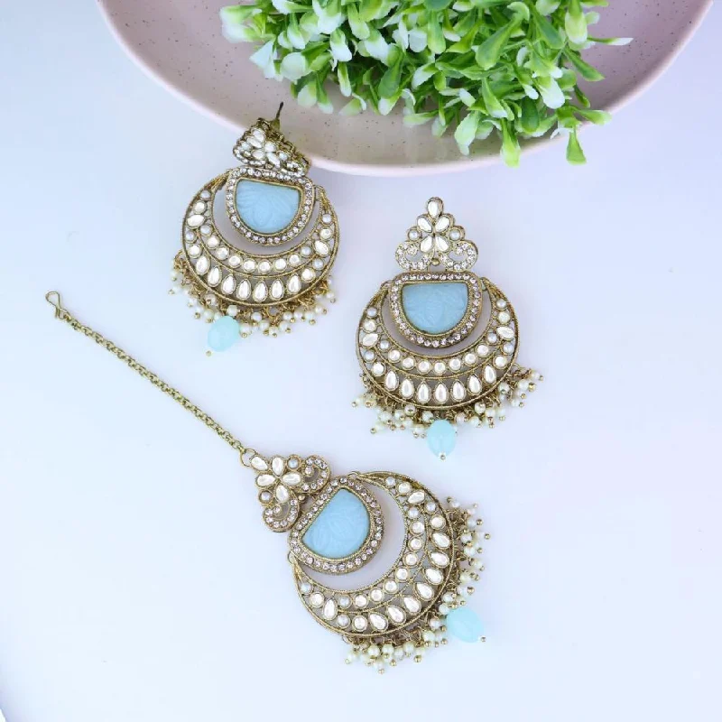 Luxury Pearl Earrings-Etnico Gold Plated Traditional Pearl Hanging Kundan Stone Chandbali Earring With Maang Tikka For Women/Girls(TE3029) (Turquoise)