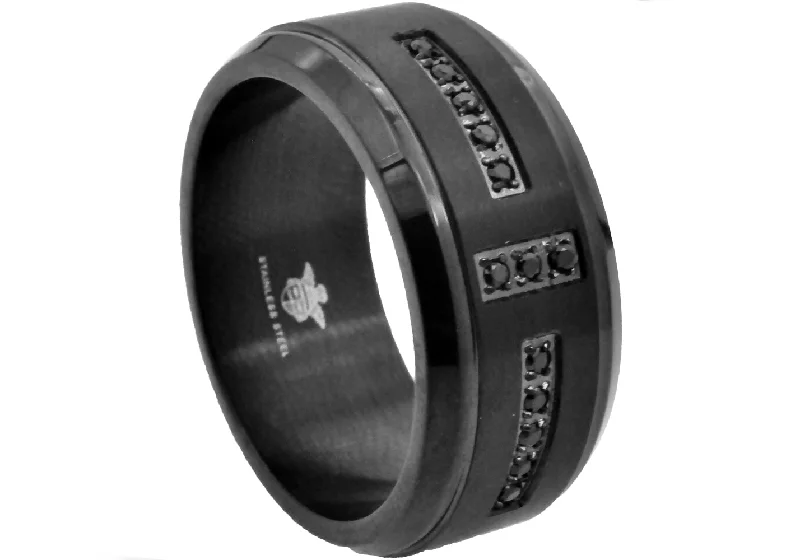 Customized Gold Rings-Mens Beveled Black Stainless Steel Band With Black Cubic Zirconia