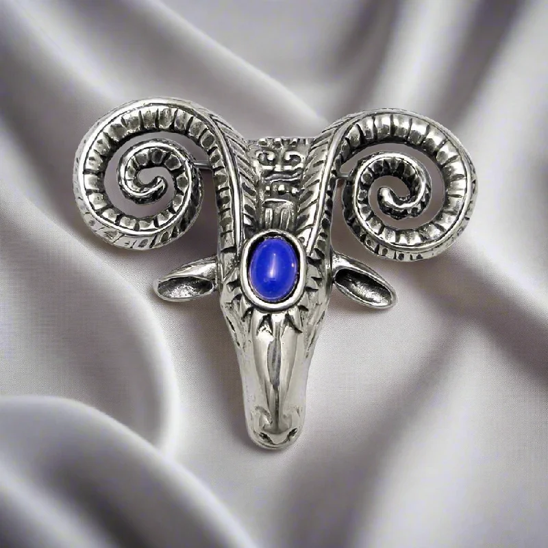 Luxury Gemstone Brooch for Women-Rams head 925 silver brooch, solid silver, handmade brooch