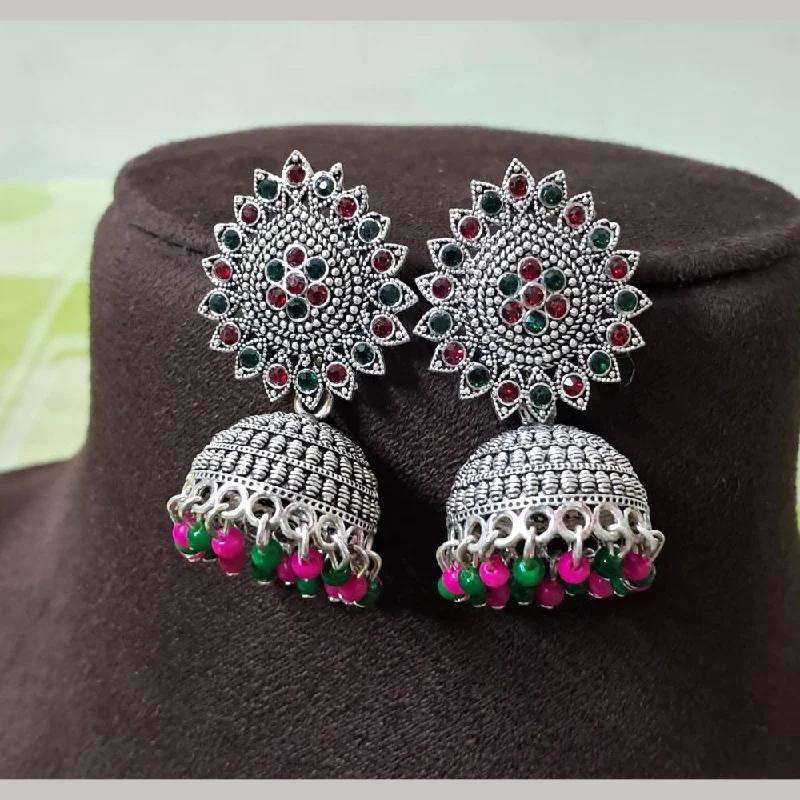 Chic Silver Hoops-H K Fashion Oxidised Plated Austrian Stone And Beads Jhumki Earrings