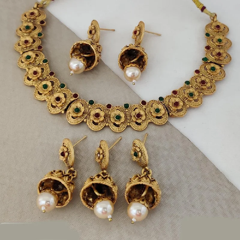 Luxury Silver Necklaces-Rani Sati Jewels Gold Plated Pota Stone Necklace Set