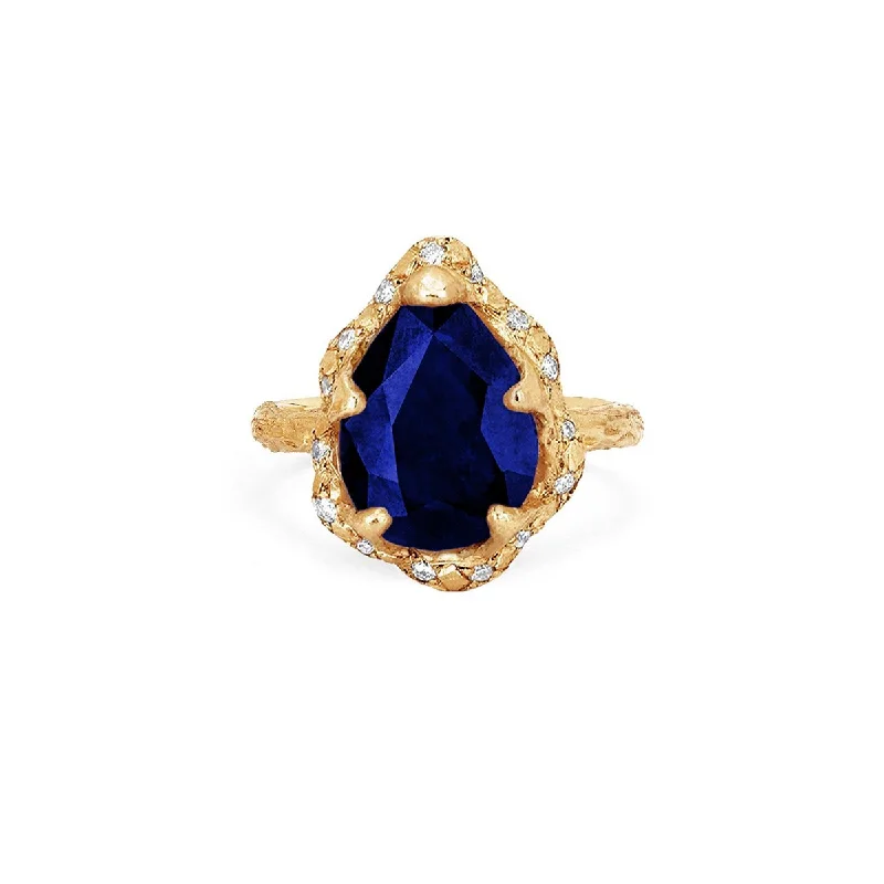 Large Gold Cocktail Rings-18k Premium Baby Queen Water Drop Sapphire Ring with Sprinkled Diamond Halo