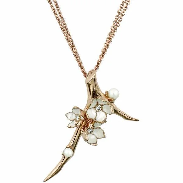 Green Turquoise Necklaces-Cherry Blossom Branch Pendant - Rose Gold Vermeil, Diamond & Pearl