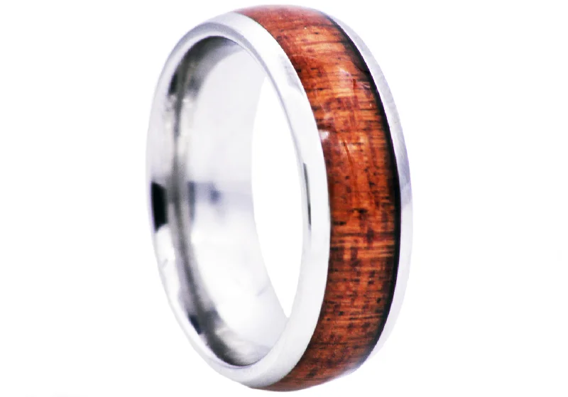 Unique Gemstone Rings-Mens Wood Inlayed Stainless Steel Ring