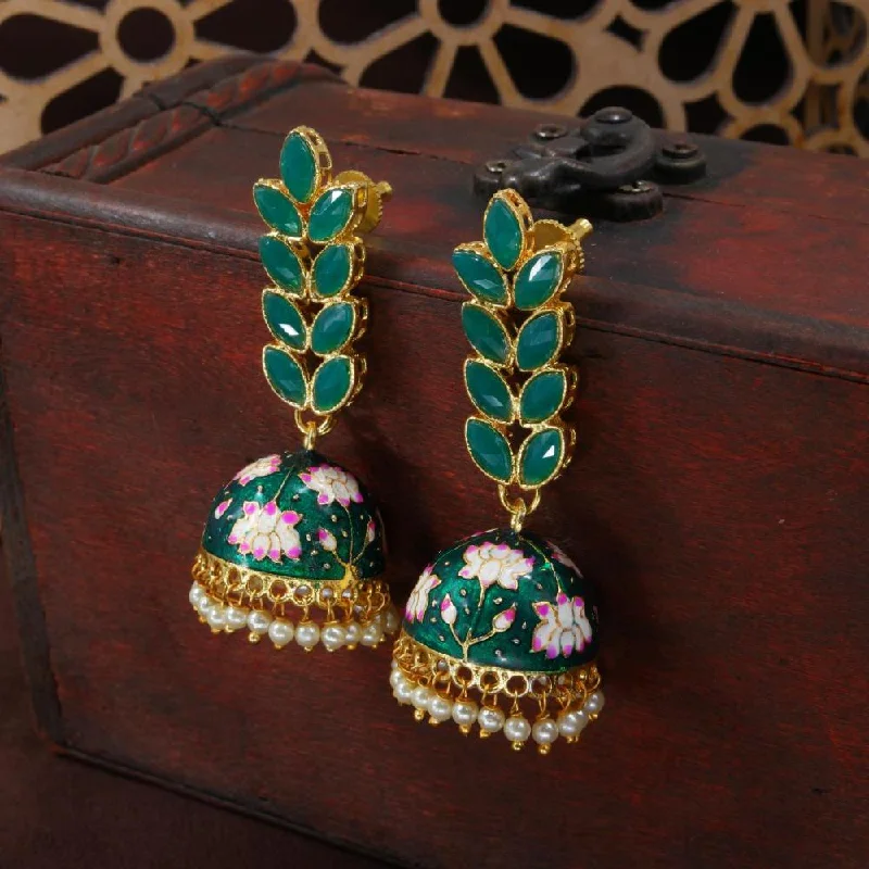 Handcrafted Earrings-Etnico Gold Plated Meenakari Leaf Shaped Pearl Drop Jhumka Earrings For Women (E2922G)